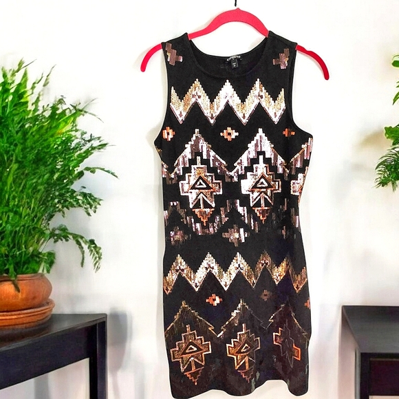 Express Y2K Bodycon Mini Dress Aztec Design Copper Gold Sequins Sexy P/S - Picture 12 of 12